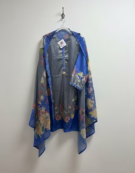 Grey and Blue Floral Printed Silk Suit