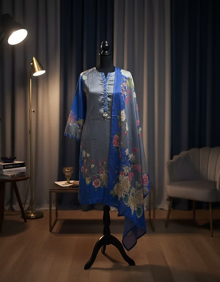 Grey and Blue Floral Printed Silk Suit