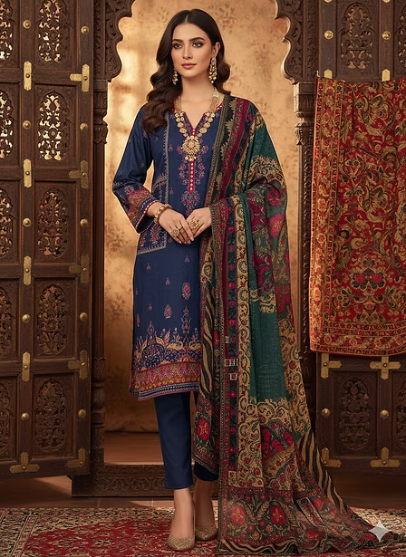 Royal Blue Suit with Printed Dupatta