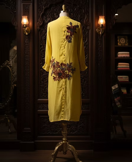 Mustard Yellow Floral Embroidered Kurta