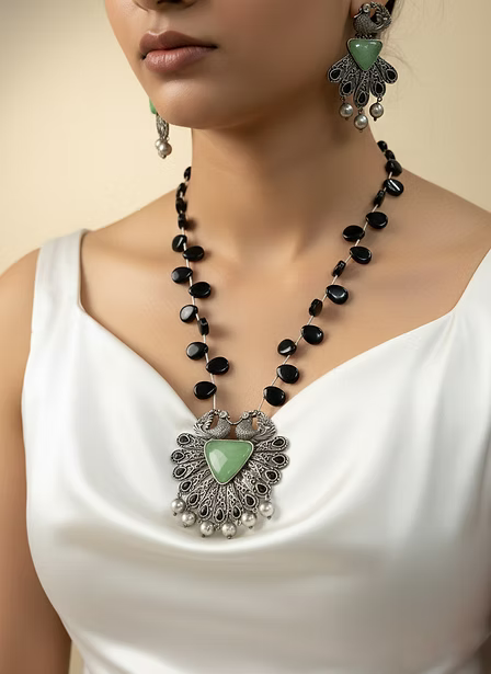 Oxidized Peacock & Black Onyx Style Necklace Set