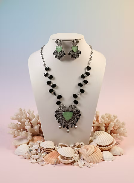 Oxidized Peacock & Black Onyx Style Necklace Set