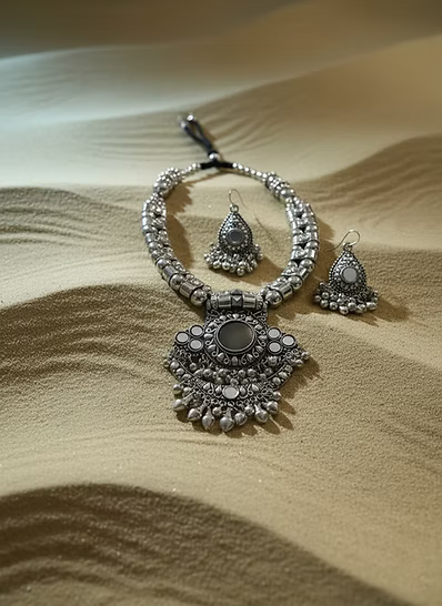 Oxidized Silver Tassel Pendant Necklace Set