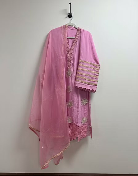 Pink Embroidered Cotton Three-Piece Suit