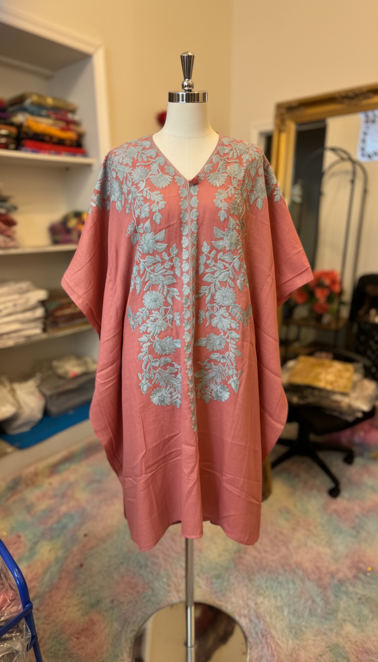 Pink embroidered kaftan tunic with botanical silver floral pattern — boutique handcrafted ethnic top