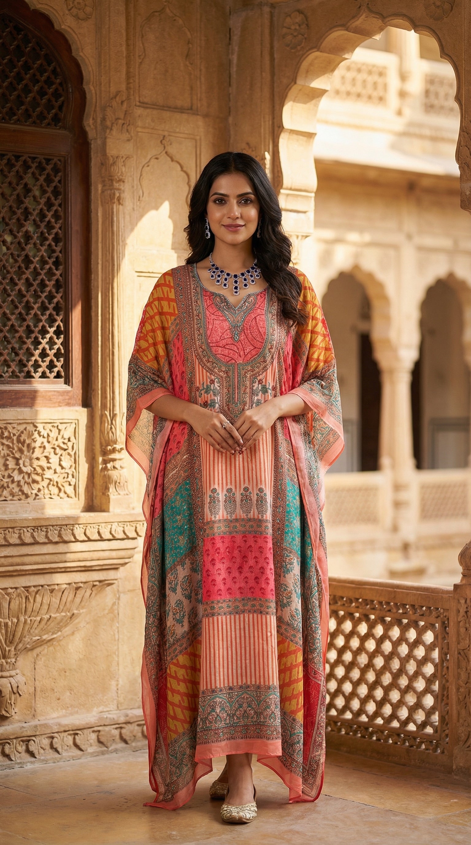 Women's multiprint block print kaftan in coral, amber and teal with zari V-neck embroidery — full-length ethnic festive maxi dress