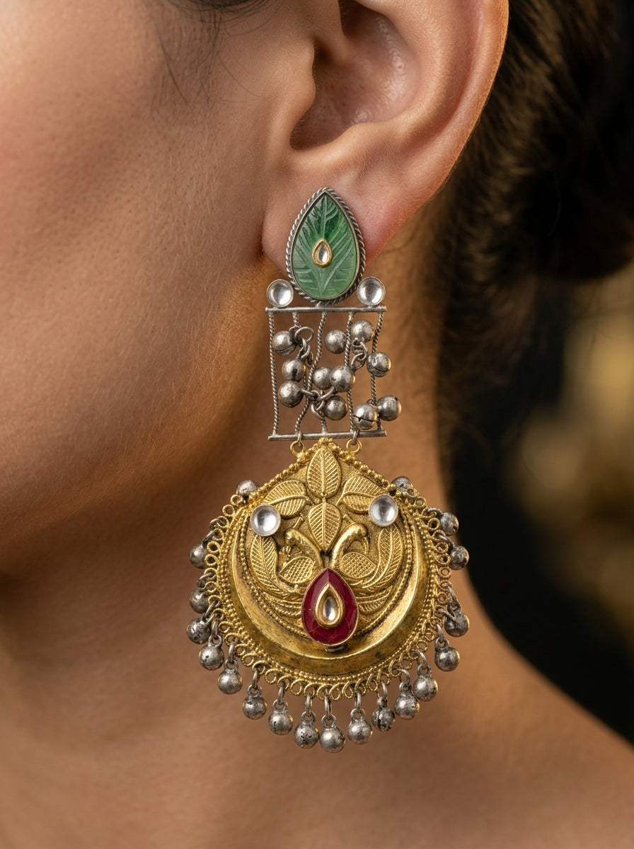 Dual-Tone Chandbali with Green Jade Tops & Ghungroo Drops