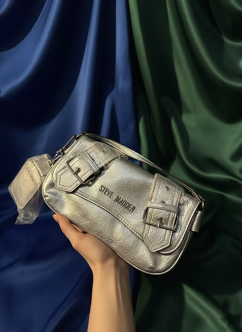 Steve Madden Metallic Silver Buckle Baguette with Mini Pouch