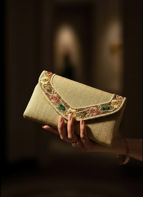 Meadow Bloom Embroidered Linen Clutch