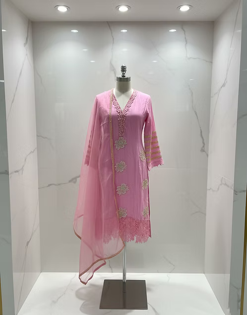 Pink Embroidered Cotton Three-Piece Suit
