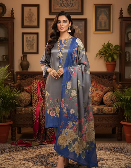 Grey and Blue Floral Printed Silk Suit