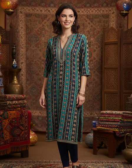 Teal Geometric Print Kurta