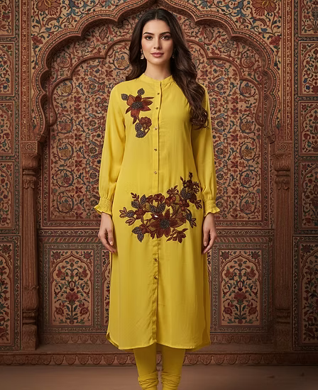 Mustard Yellow Floral Embroidered Kurta