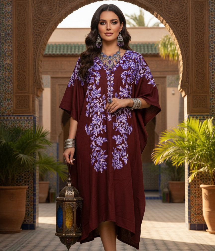 Maroon Floral Embroidered Kaftan Dress