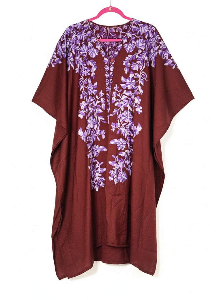 Maroon Floral Embroidered Kaftan Dress