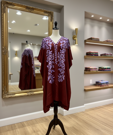 Maroon Floral Embroidered Kaftan Dress