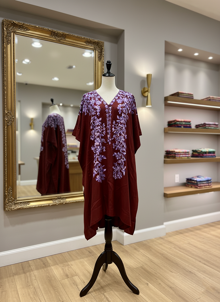Maroon Floral Embroidered Kaftan Dress