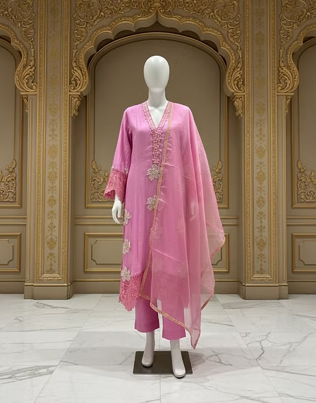 Pink Embroidered Cotton Three-Piece Suit