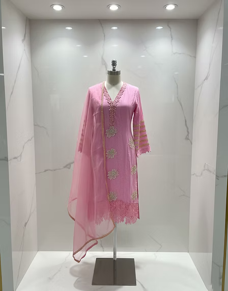 Pink Embroidered Cotton Three-Piece Suit