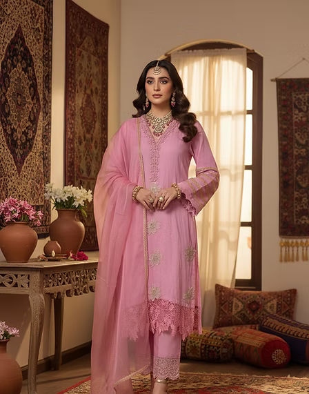 Pink Embroidered Cotton Three-Piece Suit