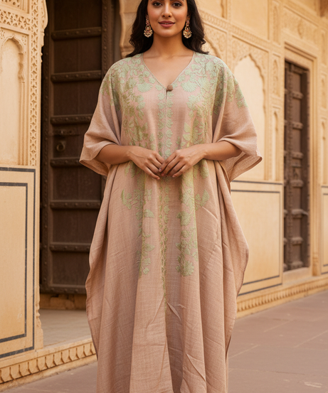 Luxury South Asian kaftan kurta set in beige with mint floral center panel — Eid and wedding wear