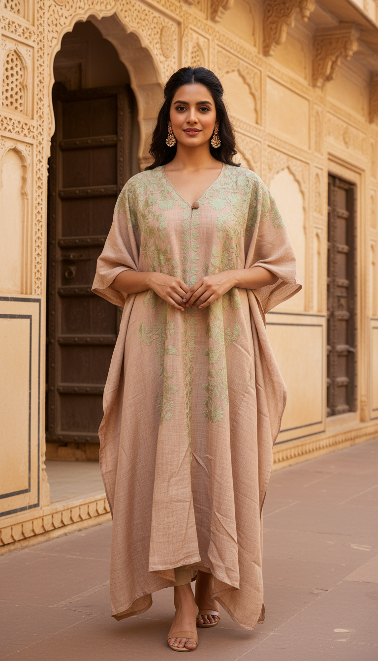 Luxury South Asian kaftan kurta set in beige with mint floral center panel — Eid and wedding wear