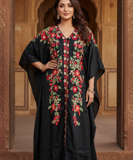 Premium black floral kaftan kurta with red rose embroidery — festive evening ethnic wear for women