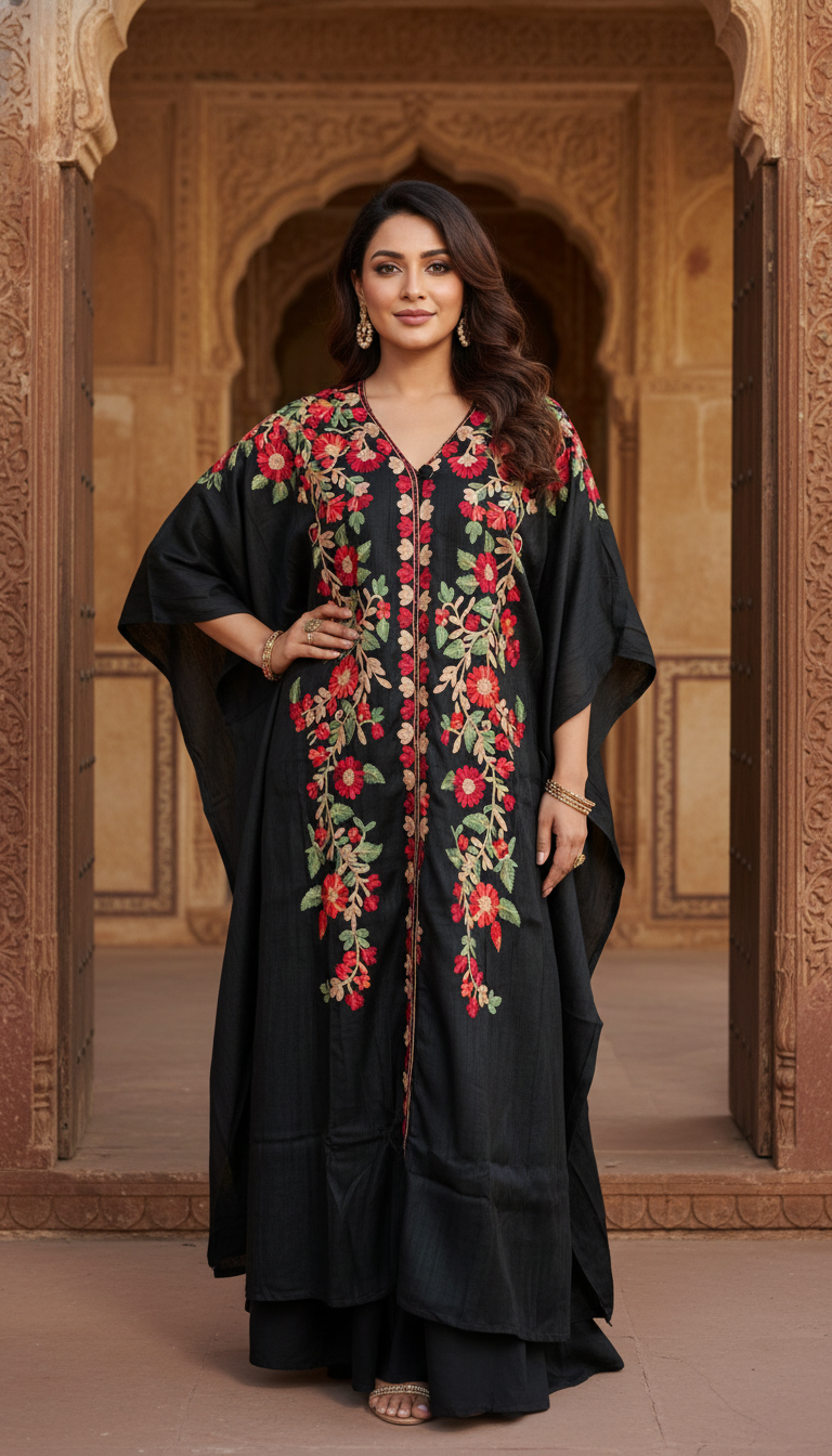 Premium black floral kaftan kurta with red rose embroidery — festive evening ethnic wear for women