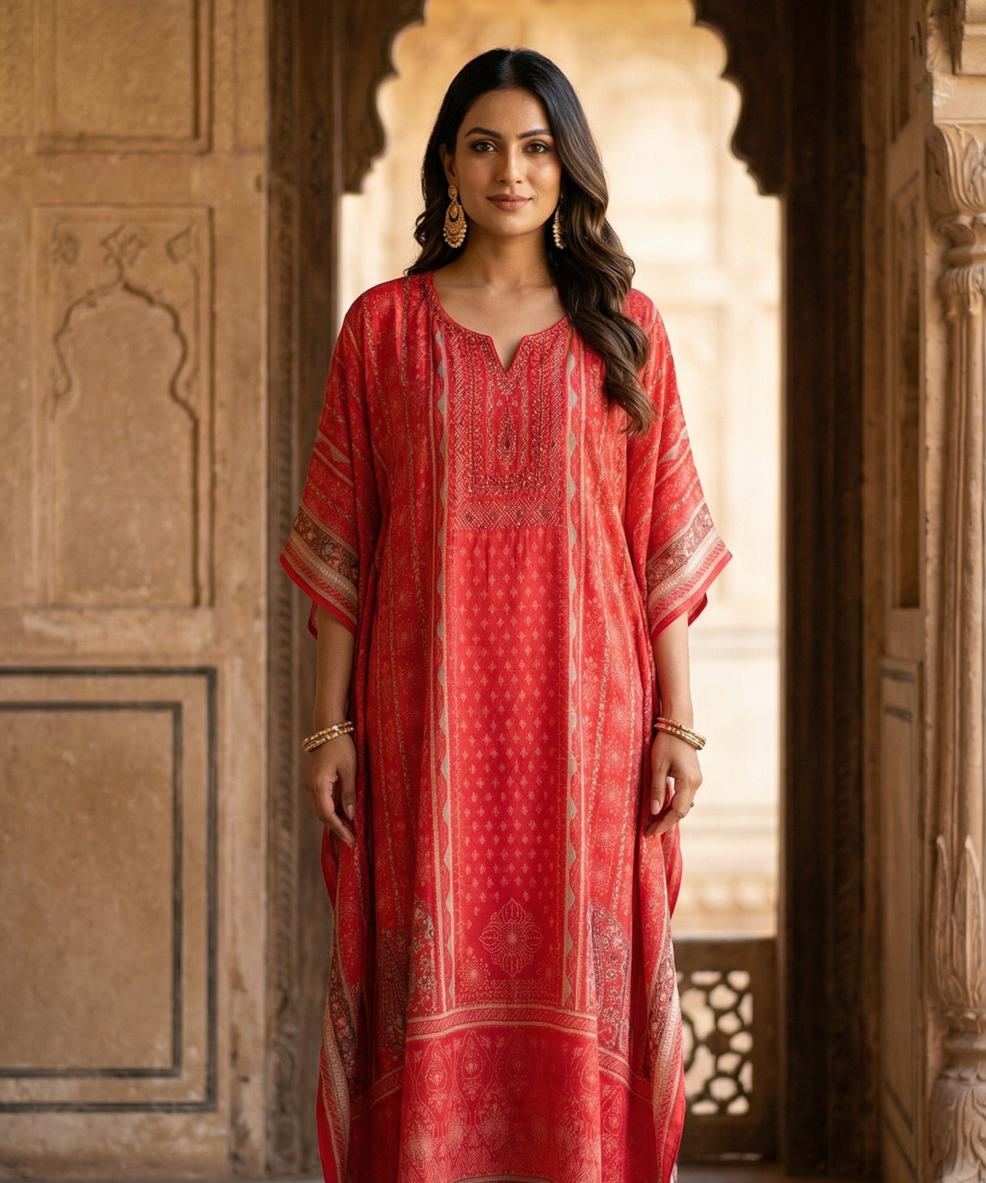Full-length red geometric print kaftan dress with embroidered neckline and gold hem border — ethnic festive wear