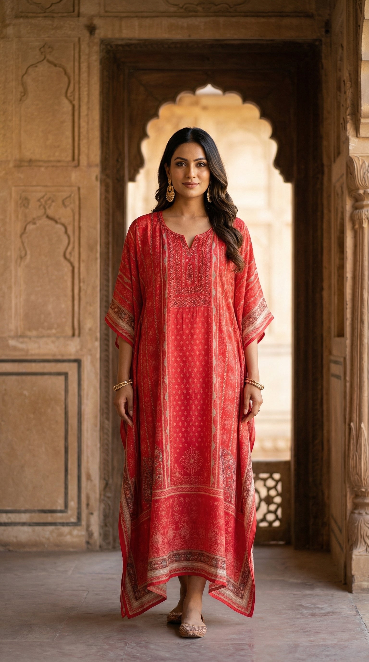 Full-length red geometric print kaftan dress with embroidered neckline and gold hem border — ethnic festive wear