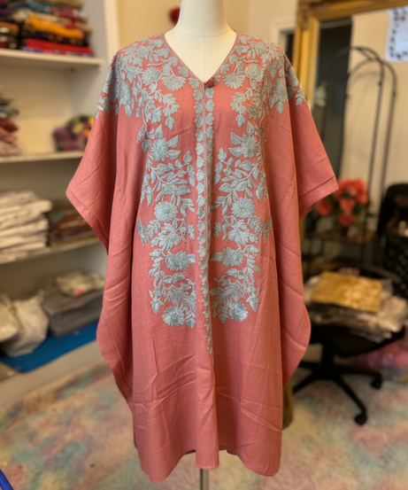 Pink embroidered kaftan tunic with botanical silver floral pattern — boutique handcrafted ethnic top