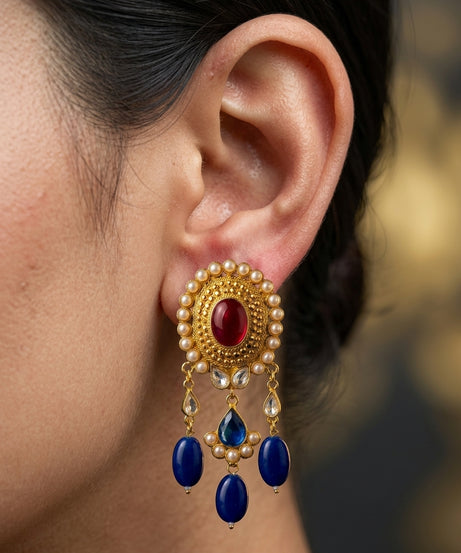 Royal Blue Kundan Drop Earrings with Pearl Border