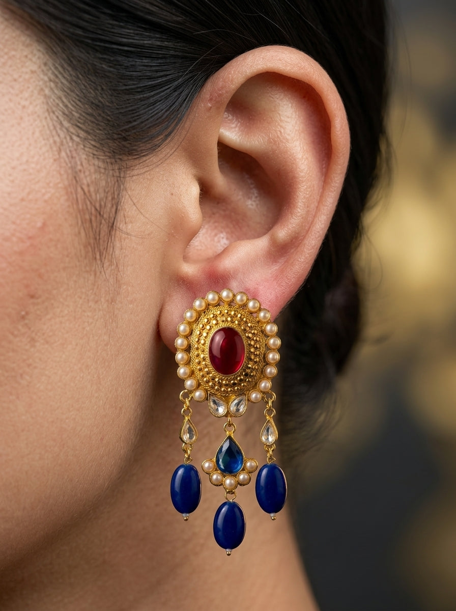 Royal Blue Kundan Drop Earrings with Pearl Border