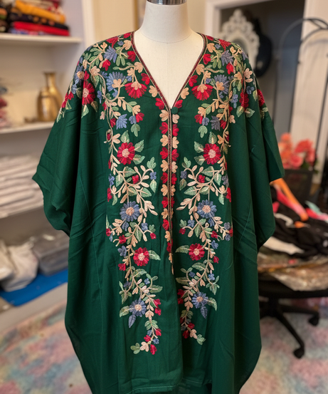 Pink embroidered kaftan tunic with botanical silver floral pattern — boutique handcrafted ethnic top