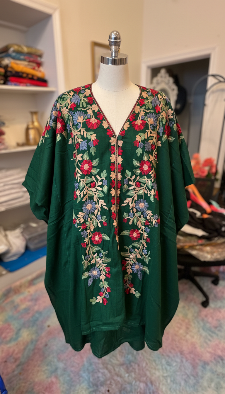 Pink embroidered kaftan tunic with botanical silver floral pattern — boutique handcrafted ethnic top