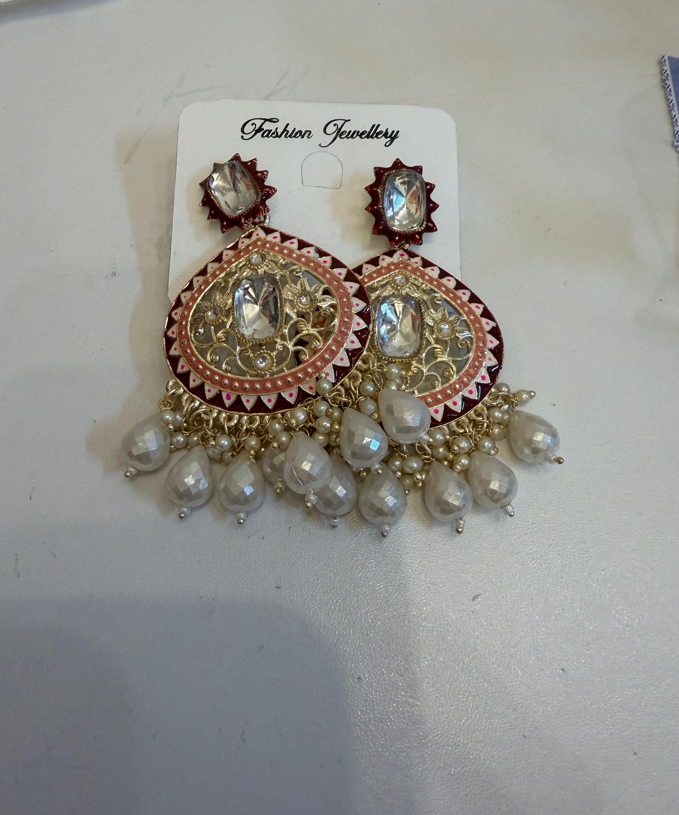 Maroon meenakari kundan chandbali — pearl drops