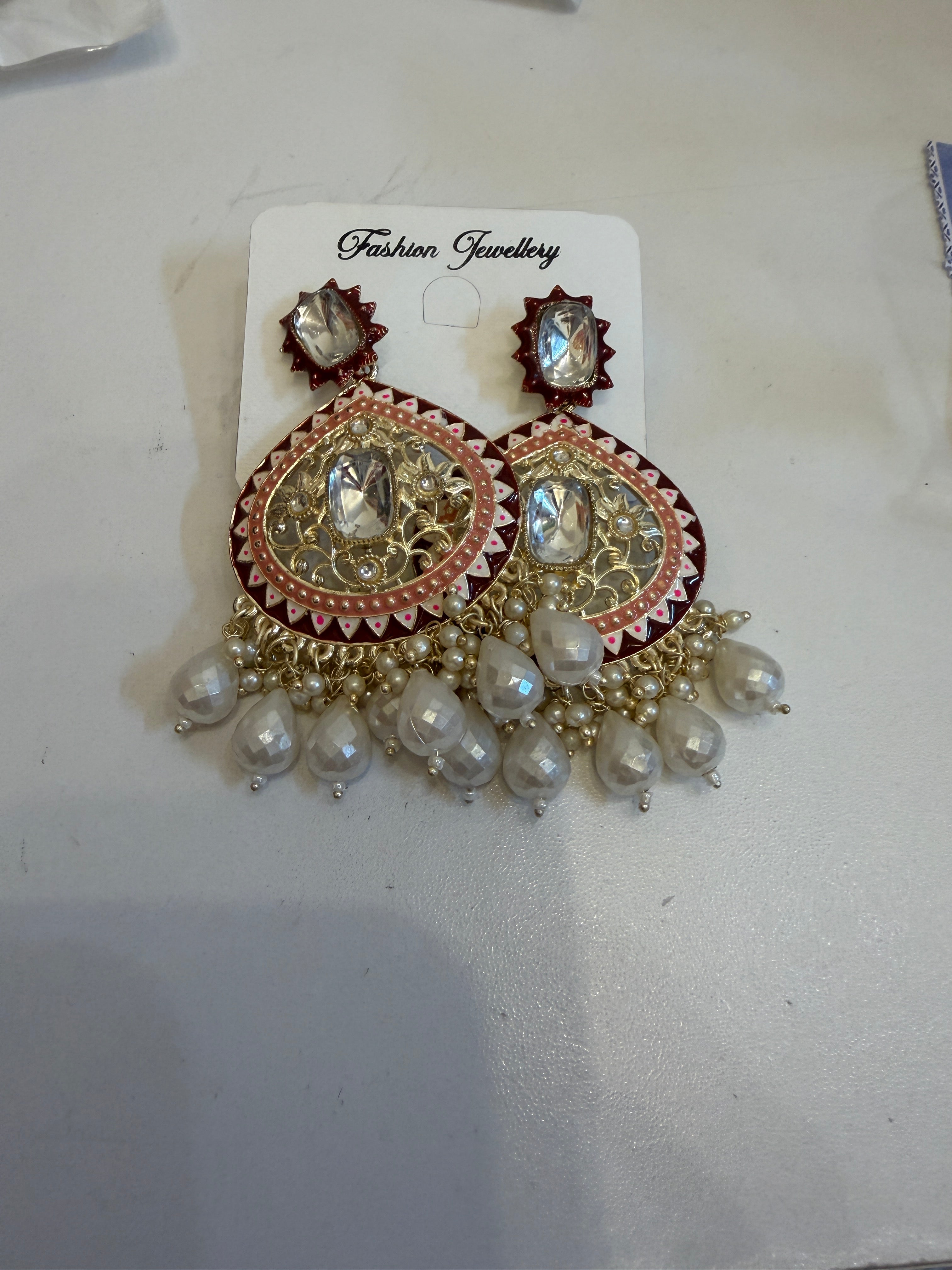 Maroon meenakari kundan chandbali — pearl drops