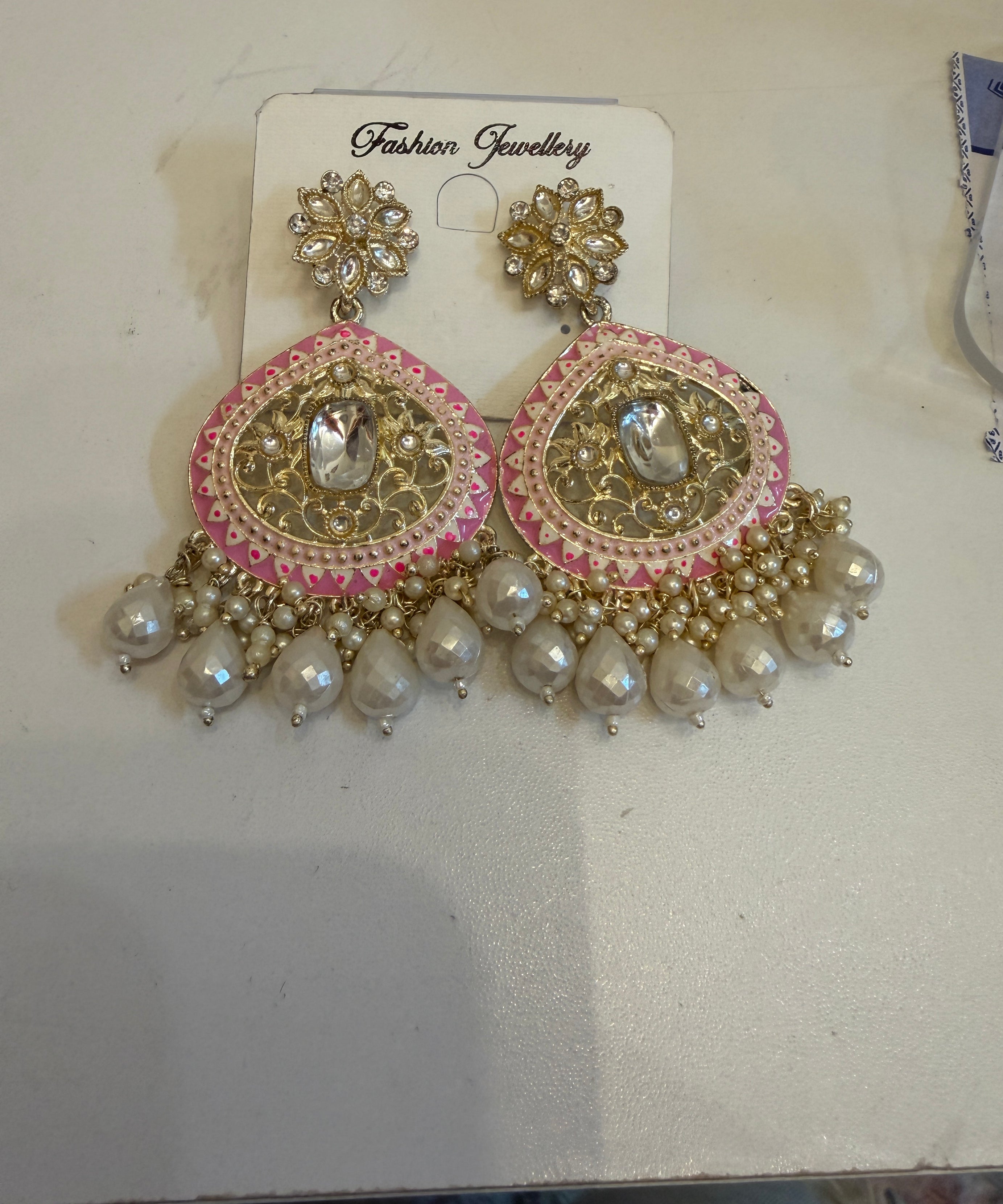 Pink meenakari kundan chandbali — pearl drops