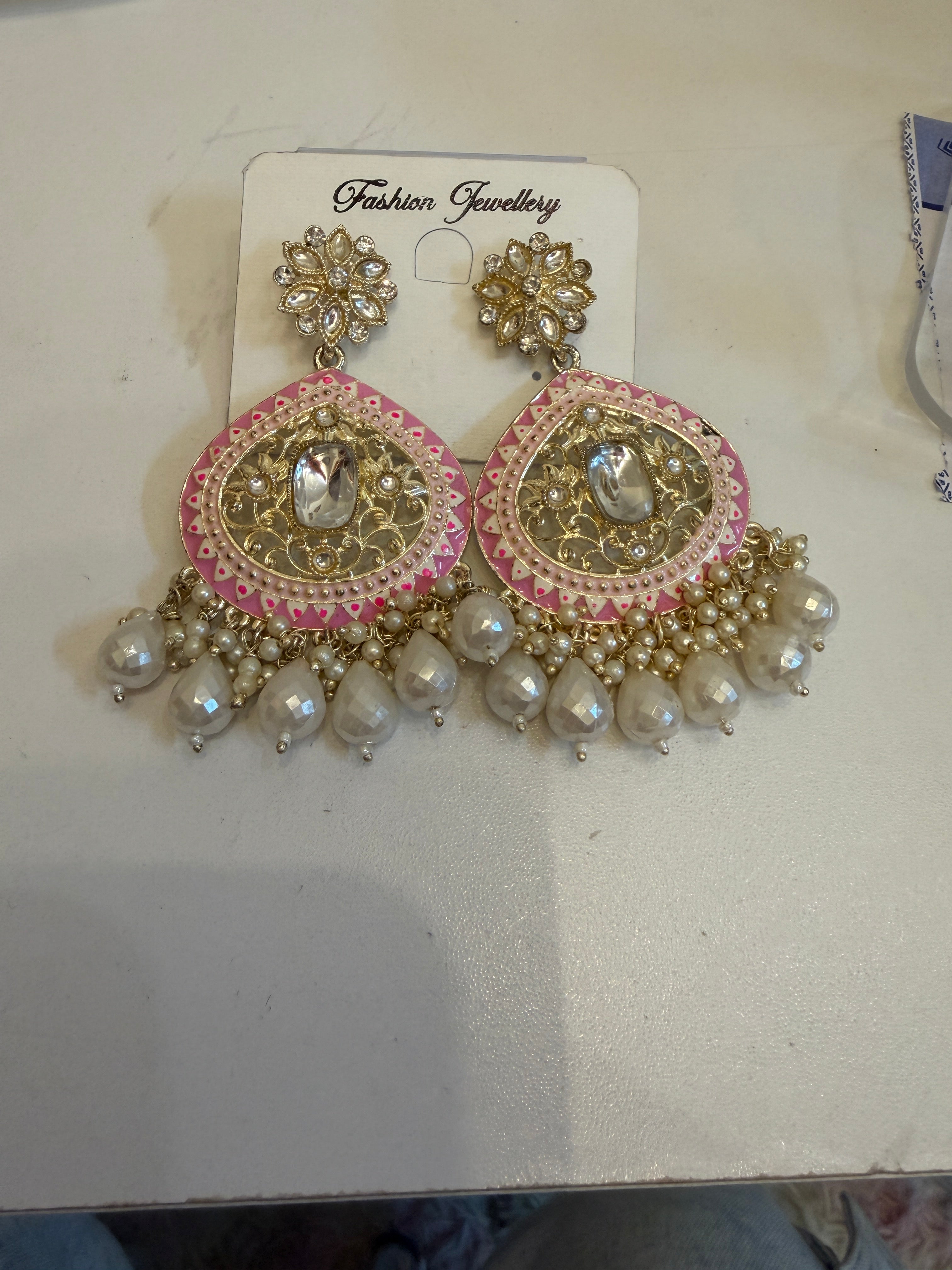 Pink meenakari kundan chandbali — pearl drops