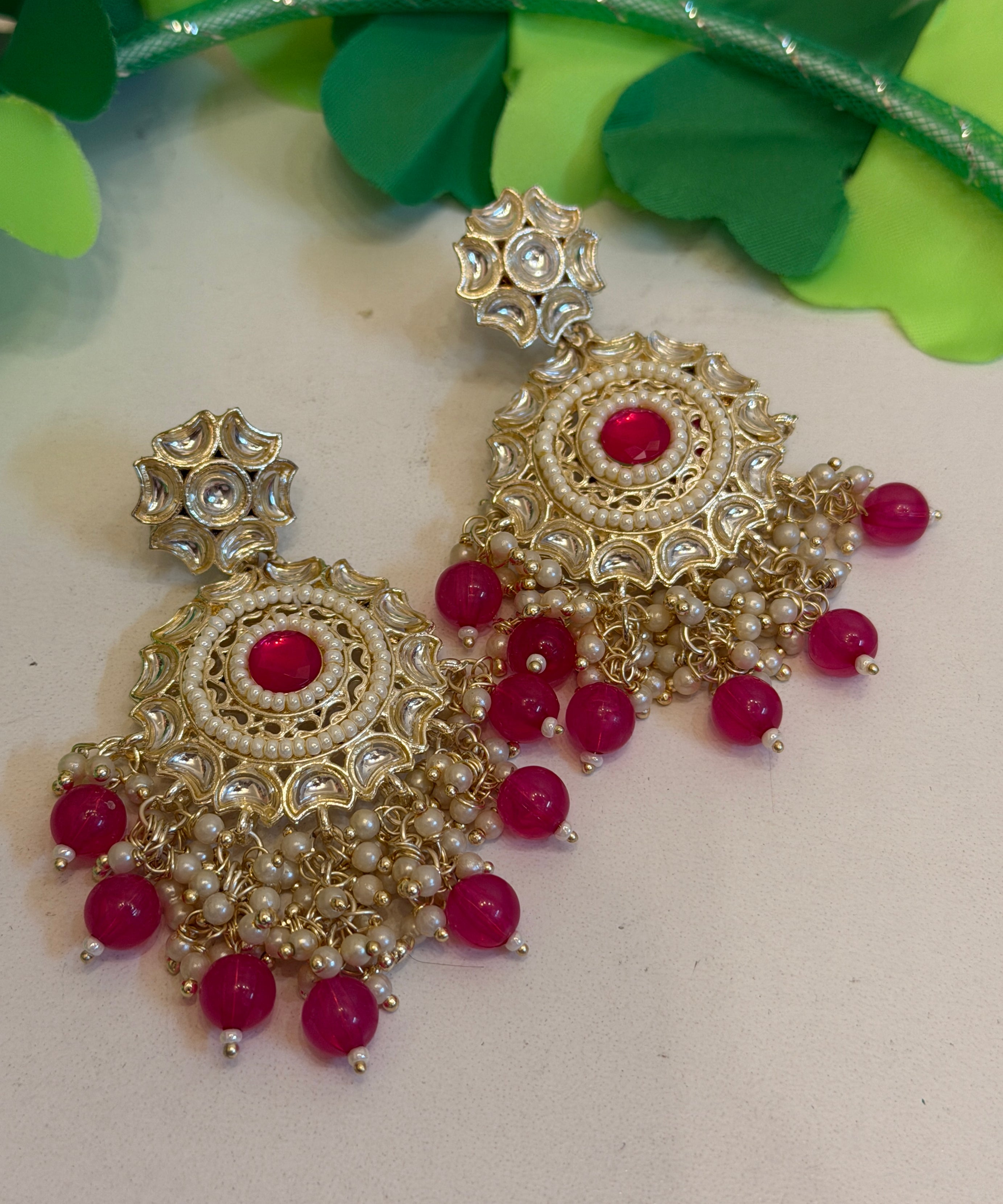 Kundan Chandbali Earrings — Ruby Red with Pearls