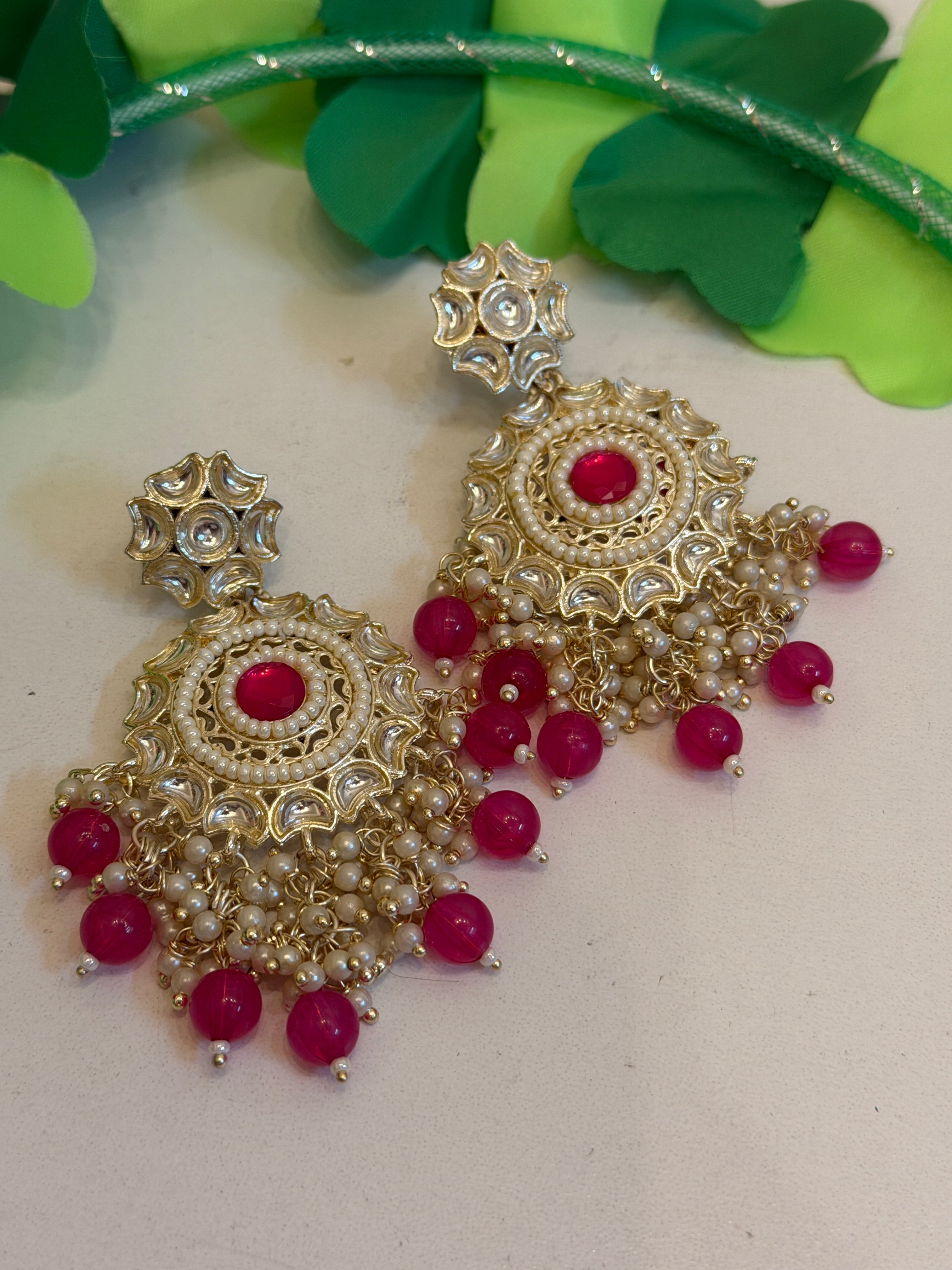Kundan Chandbali Earrings — Ruby Red with Pearls