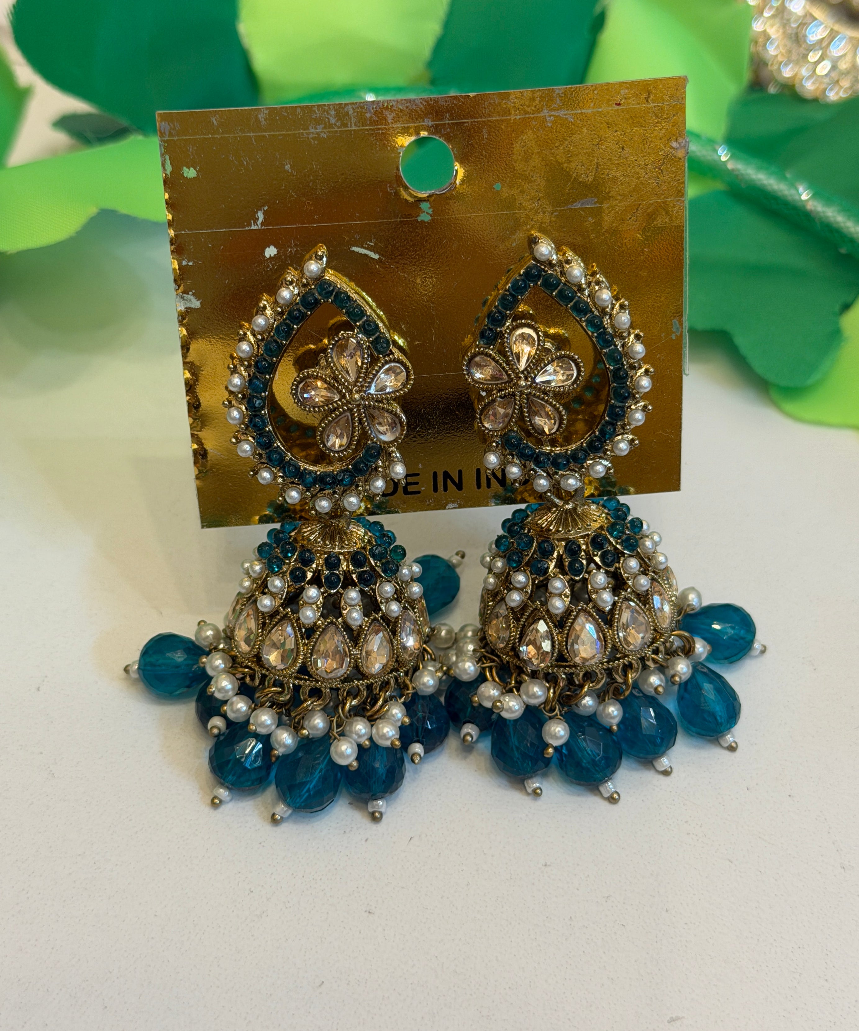 Teal blue kundan jhumka chandbali