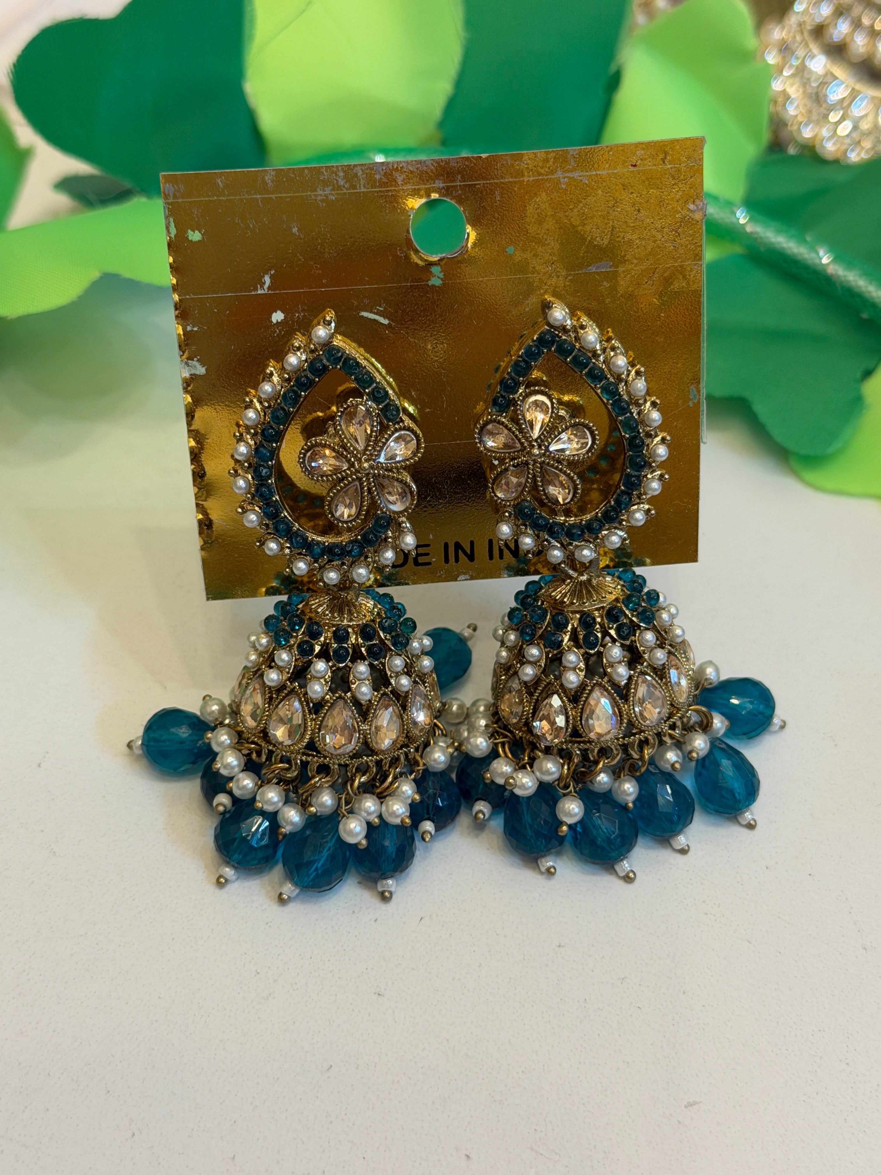 Teal blue kundan jhumka chandbali