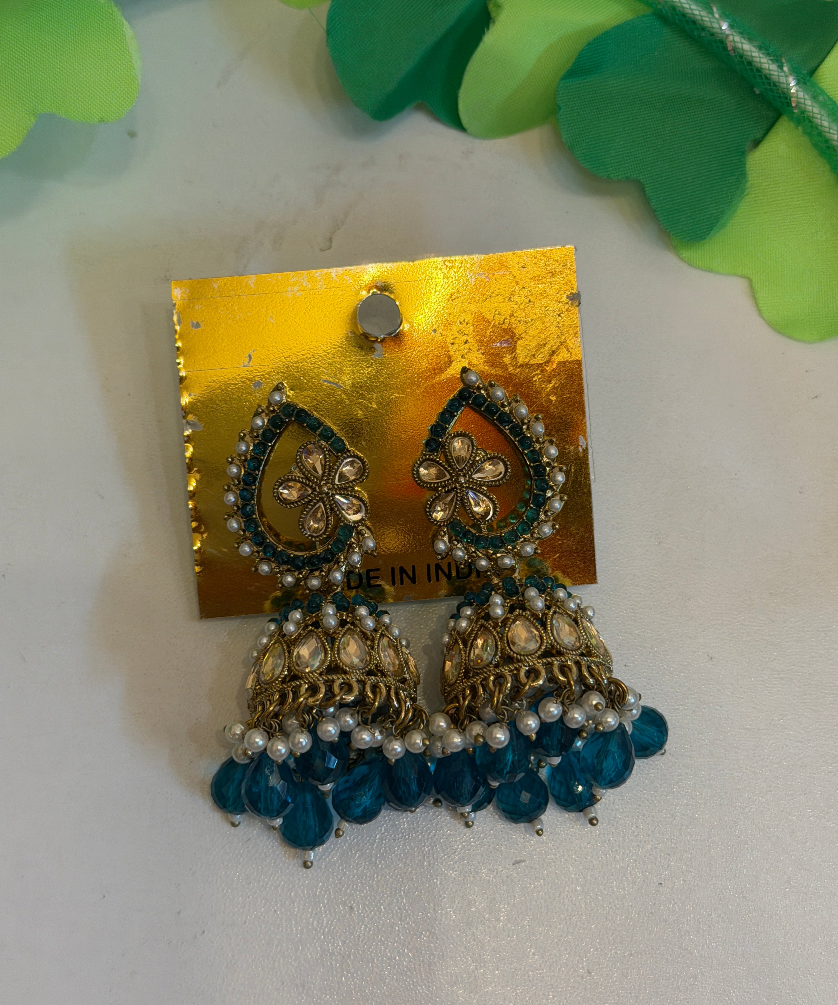 Teal blue kundan jhumka chandbali