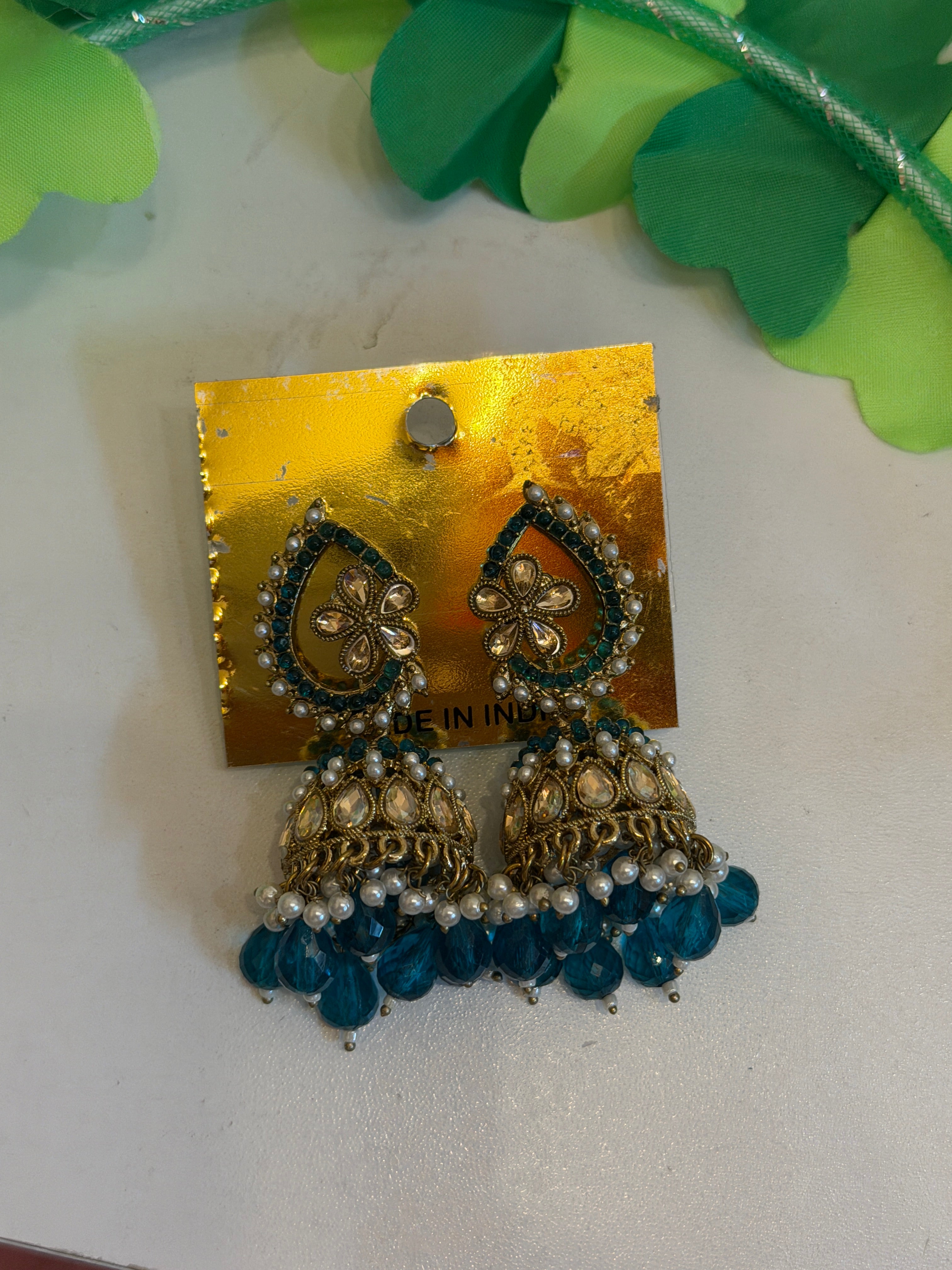 Teal blue kundan jhumka chandbali