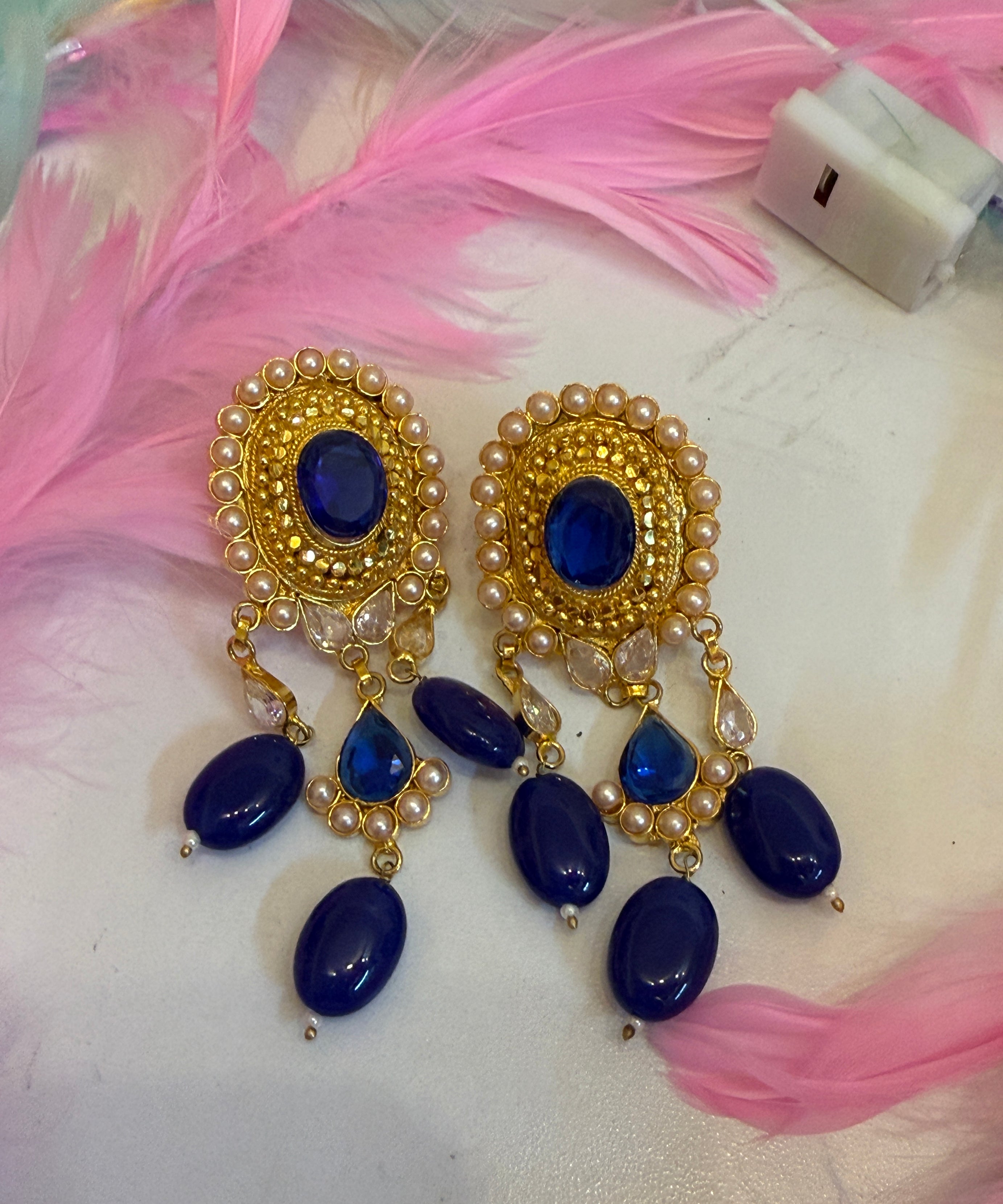 Royal Blue Kundan Drop Earrings with Pearl Border