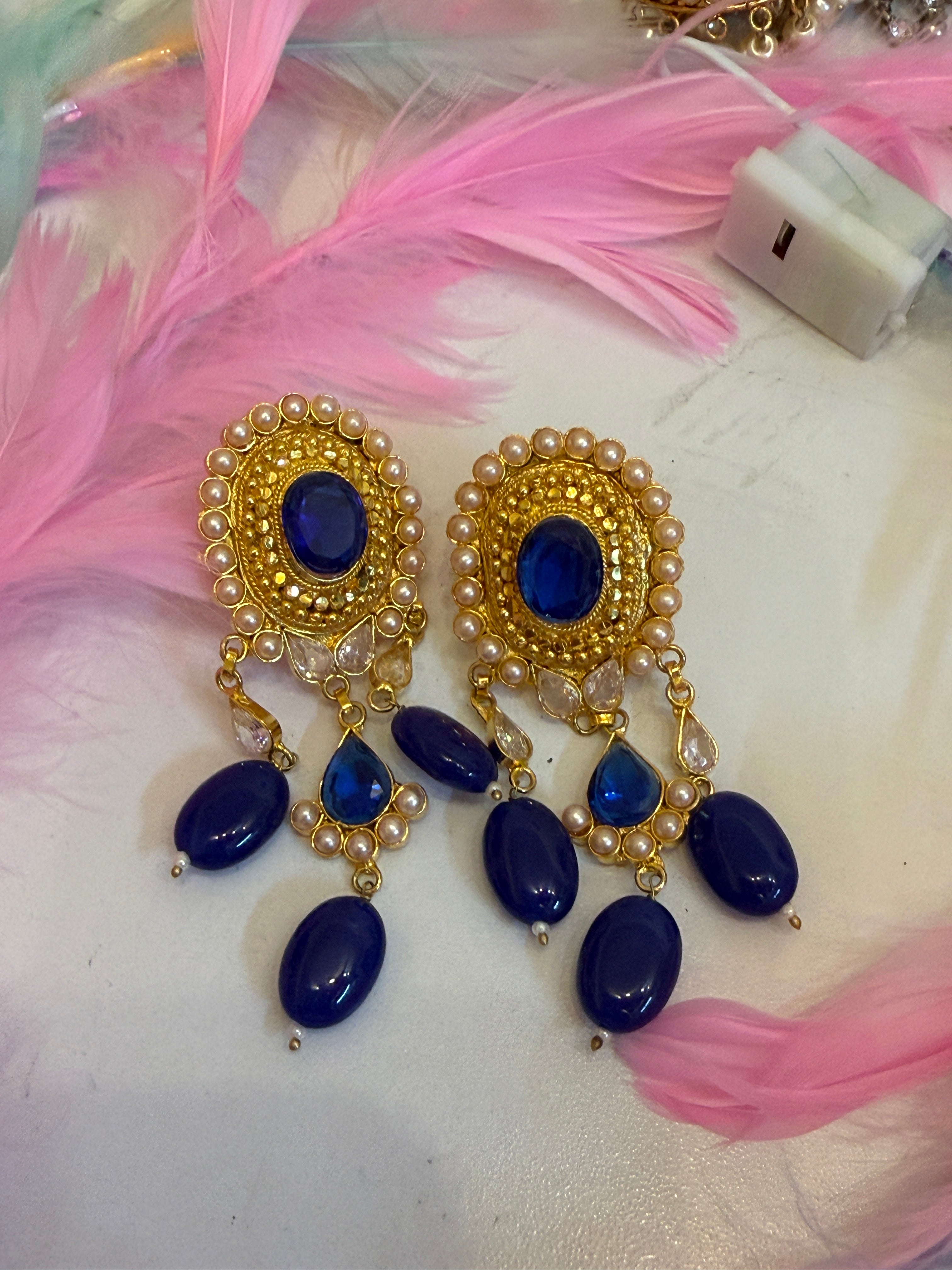 Royal Blue Kundan Drop Earrings with Pearl Border