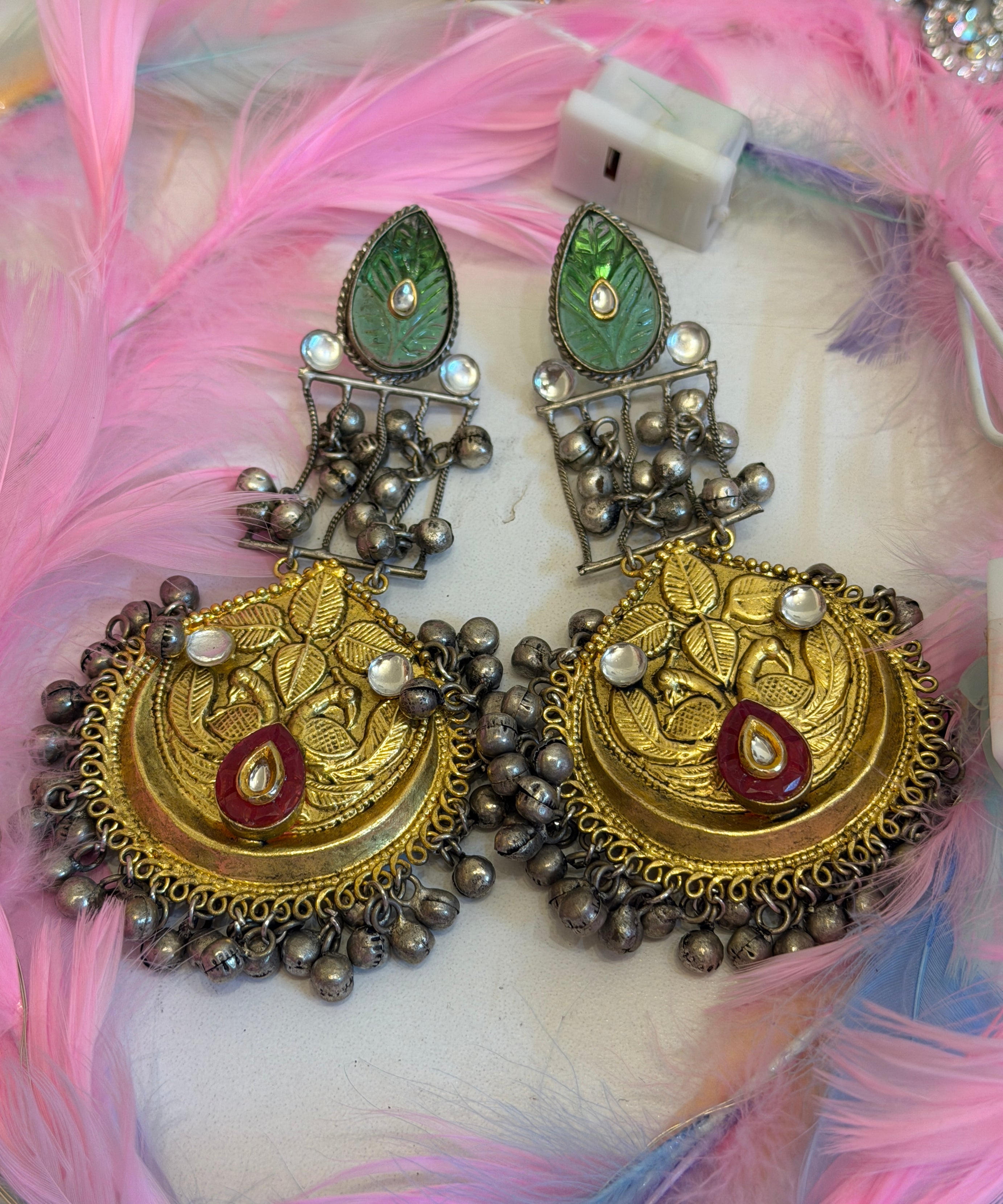 Dual-Tone Chandbali with Green Jade Tops & Ghungroo Drops