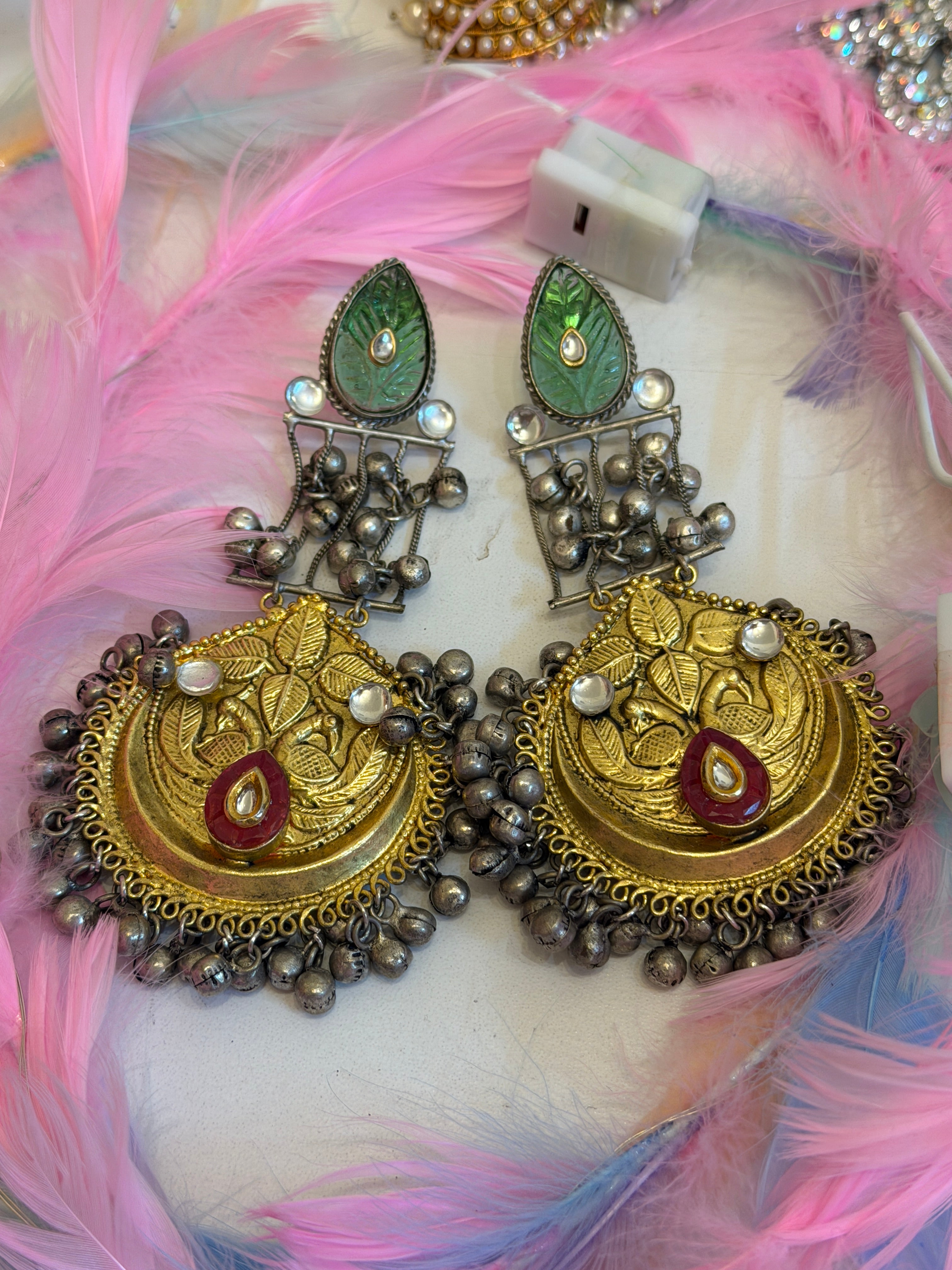 Dual-Tone Chandbali with Green Jade Tops & Ghungroo Drops