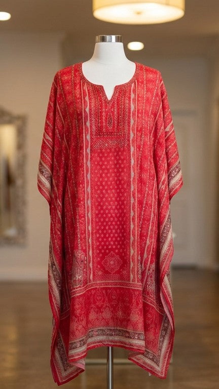 Crimson Red Printed Kaftan Maxi Dress
